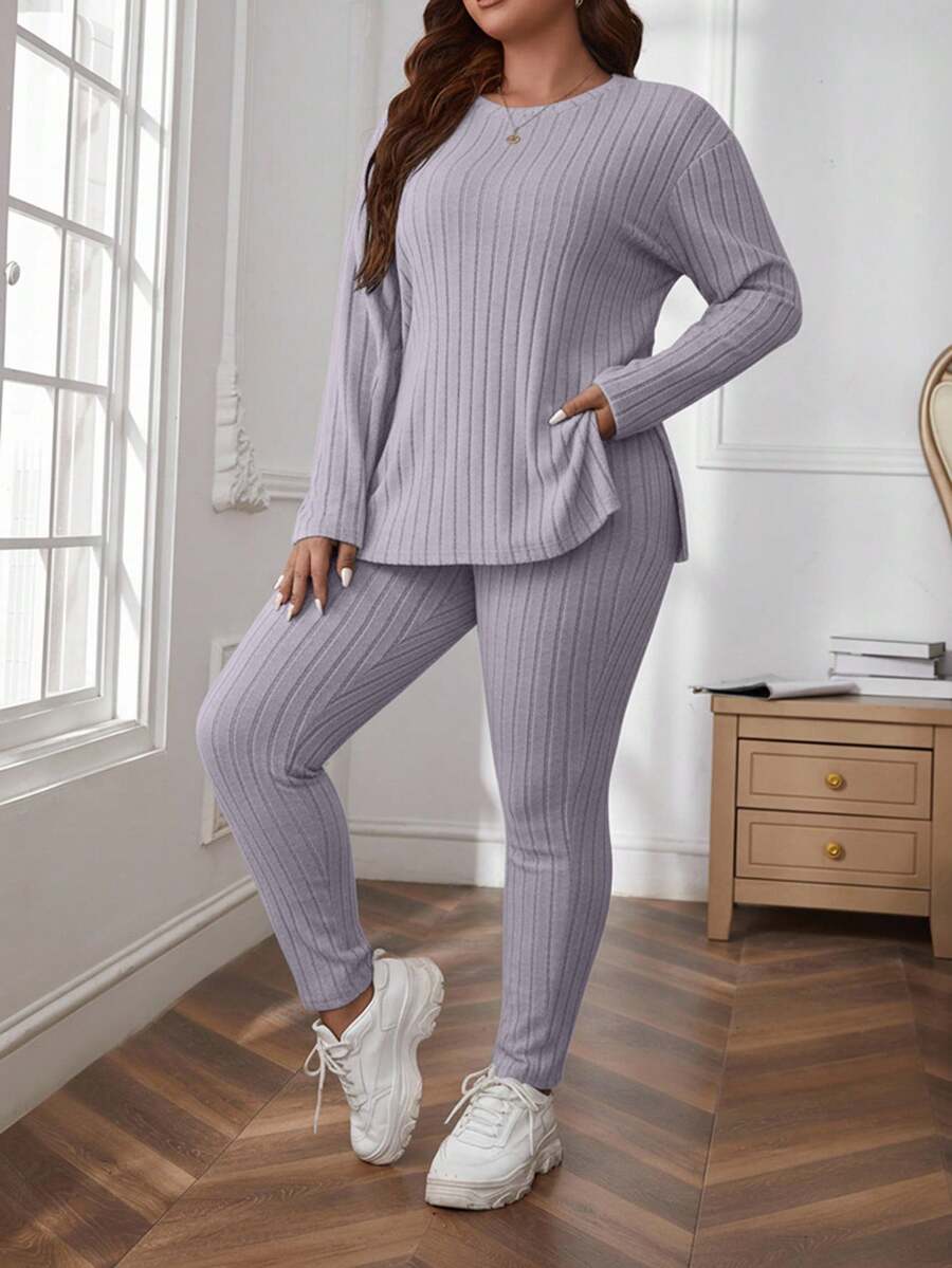 SHEIN Cottnline Plus Size Comfortable Knit Ribbed 2 Pieces Set - Lilac Purple - View 1