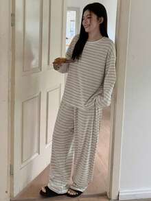 Dazy Plus 两件套休闲条纹宽松睡衣套装 - 长款上衣和长裤，春夏秋季 - 綠色 - 查看 5