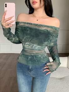 Modelyn Women's Green Knitted Mesh Digital Print Ruched Off Shoulder Long Sleeve Casual Top, Spring/Summer - Green - View 4