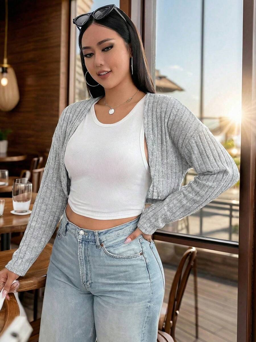 SHEIN EZwear Plus Solid Crop Black Jacket Without Tank Top - Light Grey - View 1