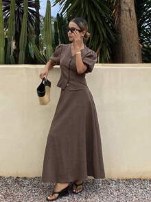 DAZY Set casual da 2 pezzi da donna, composto da blusa a scollo a V e gonna, in colore unito, adatto per la primavera e l'estate - Caffè Marrone - Visualizzare 4