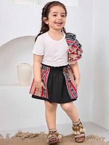 Baby Girl Geometric Print Ruffle Trim Round Neck Top And Skirt Casual Set - Black - View 2