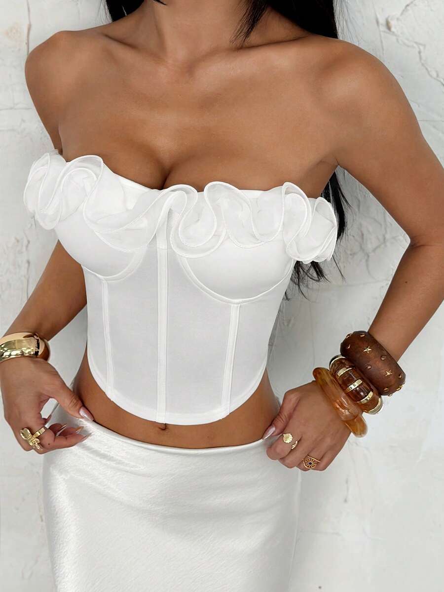 SHEIN PETITE Romantic Sexy Ruffle Trim Fitted Tube Top, Suitable For Holiday, Date Night, Valentine's Day, Afternoon Tea - White - View 1