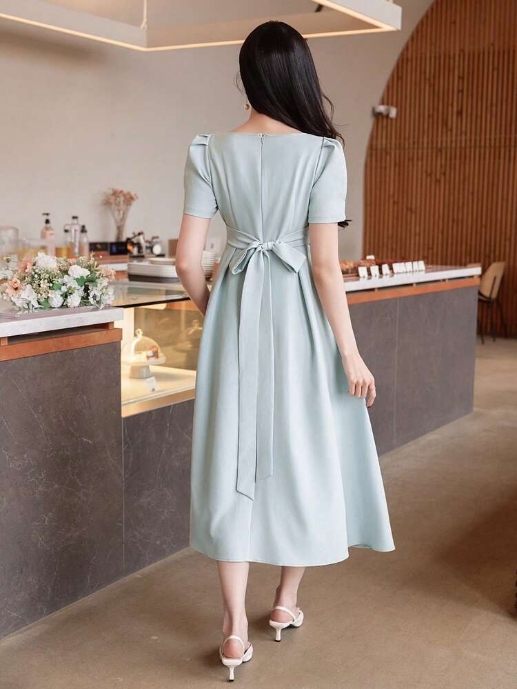 Women's Elegant Solid Color Puff Sleeve Tie Waist Mid-Length Dress, Summer Wedding Guest Dress Sundress