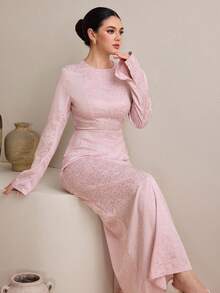 Graceveil 女士优雅提花长袖收腰开衩连衣裙，春秋季 - 粉色 - 查看 7
