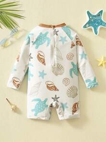 SHEIN Bubblio 男女宝宝舒适可爱海龟贝壳条纹印花长袖罩衫泳衣，适合户外、度假、游泳、温泉、海滩、冲浪、春夏季节穿着。 - 彩色 - 查看 3