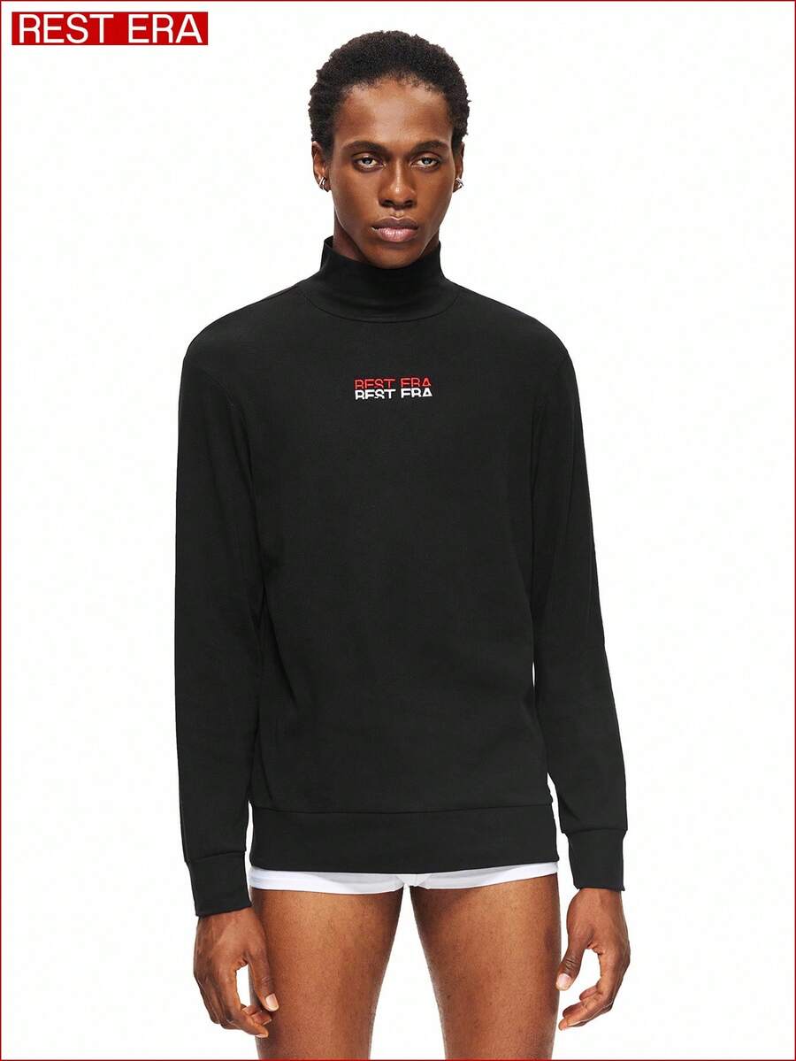 1 pieza Camiseta interior negra para hombre, diseño de bordado de moda, otoño - Negro - Ver 1