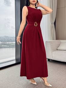 Feyla 腰部褶皱设计，金属装饰纽扣，收腰剪裁，优雅百搭的派对/工作场合连衣裙 - 酒紅色 - 查看 7