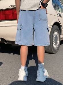 SHEIN Little Byeori Tween Jungen Mode Homecoming Streetwear Mix und Match vielseitiges Design Vintage cool Straße locker bequem und erfrischend blaue 6-Inch Patch Details und Tasche Design Jeans für den täglichen Gebrauch und Frühling bis Sommer Rave Festival und Streetwear - Blau - Übersicht 2