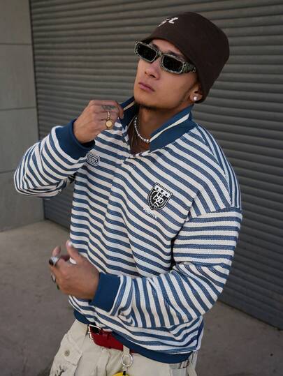 DAZY Camisa polo con estampado de letras y rayas para hombre, azul y blanco, primavera/otoño