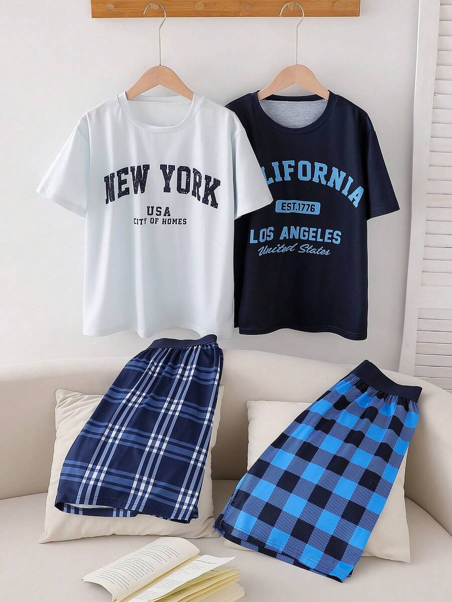 青少年男孩字母印花短袖T恤和格子裤睡衣套装 - 彩色 - 查看 1