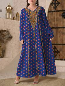 SHEIN Najma 大码女式花卉植物数码印花蓝色V领系带优雅阿拉伯风格长袖连衣裙，春季 - 彩色 - 查看 4