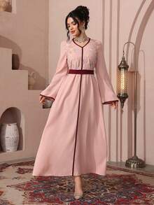 Al Najma Embroidered Beaded Detailed Long Sleeve Turkish & Arabic Traditional Maxi Dress For Women - Pink - View 3