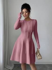 SHEIN Elenzya Đầm ngắn tay dài cổ tròn, eo thon, kiểu Hàn Quốc thu đông thanh lịch phối màu. - Hồng - Xem 3