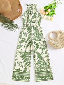 Sparklyn Bộ áo liền quần họa tiết hoa cho bé gái tuổi teen, thiết kế thắt nơ eo thanh lịch, phù hợp cho kỳ nghỉ, đi học, dã ngoại, bộ sưu tập mới mùa xuân/hè. - màu xanh lá - Xem 2