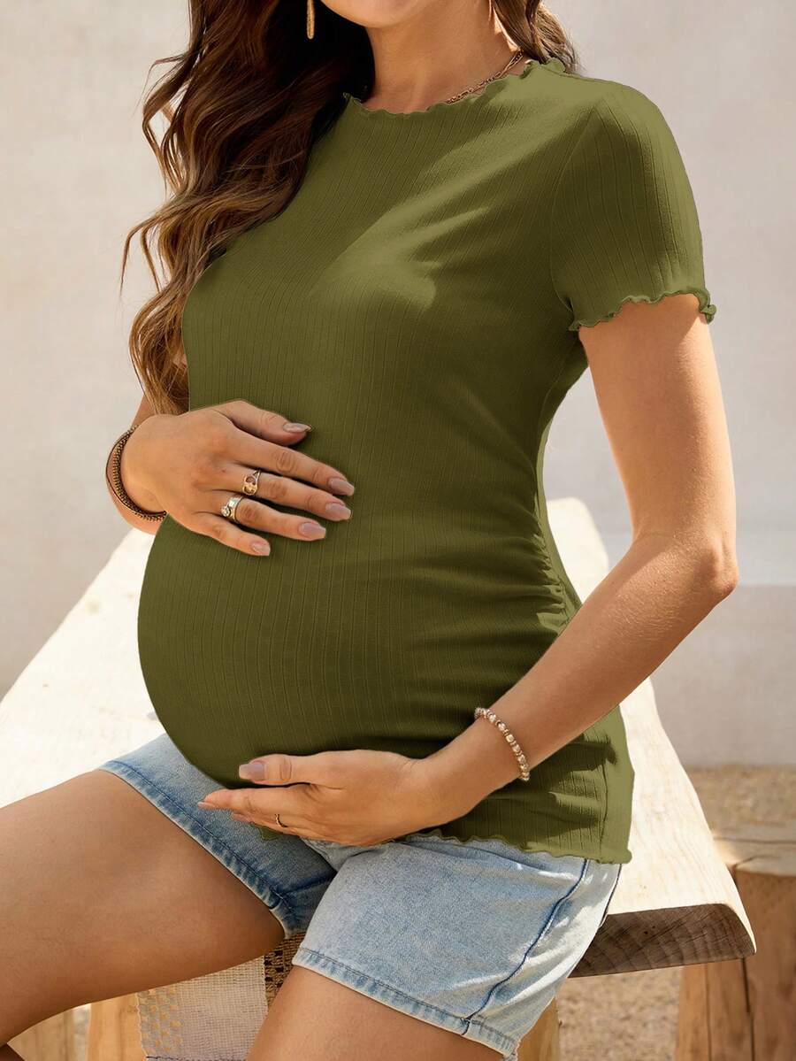 SHEIN Maternity Ribbed Lettuce-Edge Form-Fitting Short Sleeve Top - Army Green - View 1