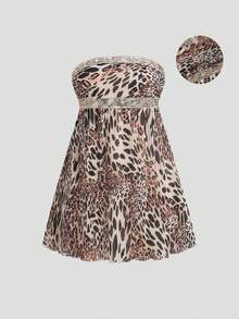 SHEIN Unity Women's Vintage Casual Daily Versatile Fashion Leopard Print Pleated Patchwork Sequin Ribbon Decor Tube Top Mini Dress, Spring/Summer - Multicolor - View 1