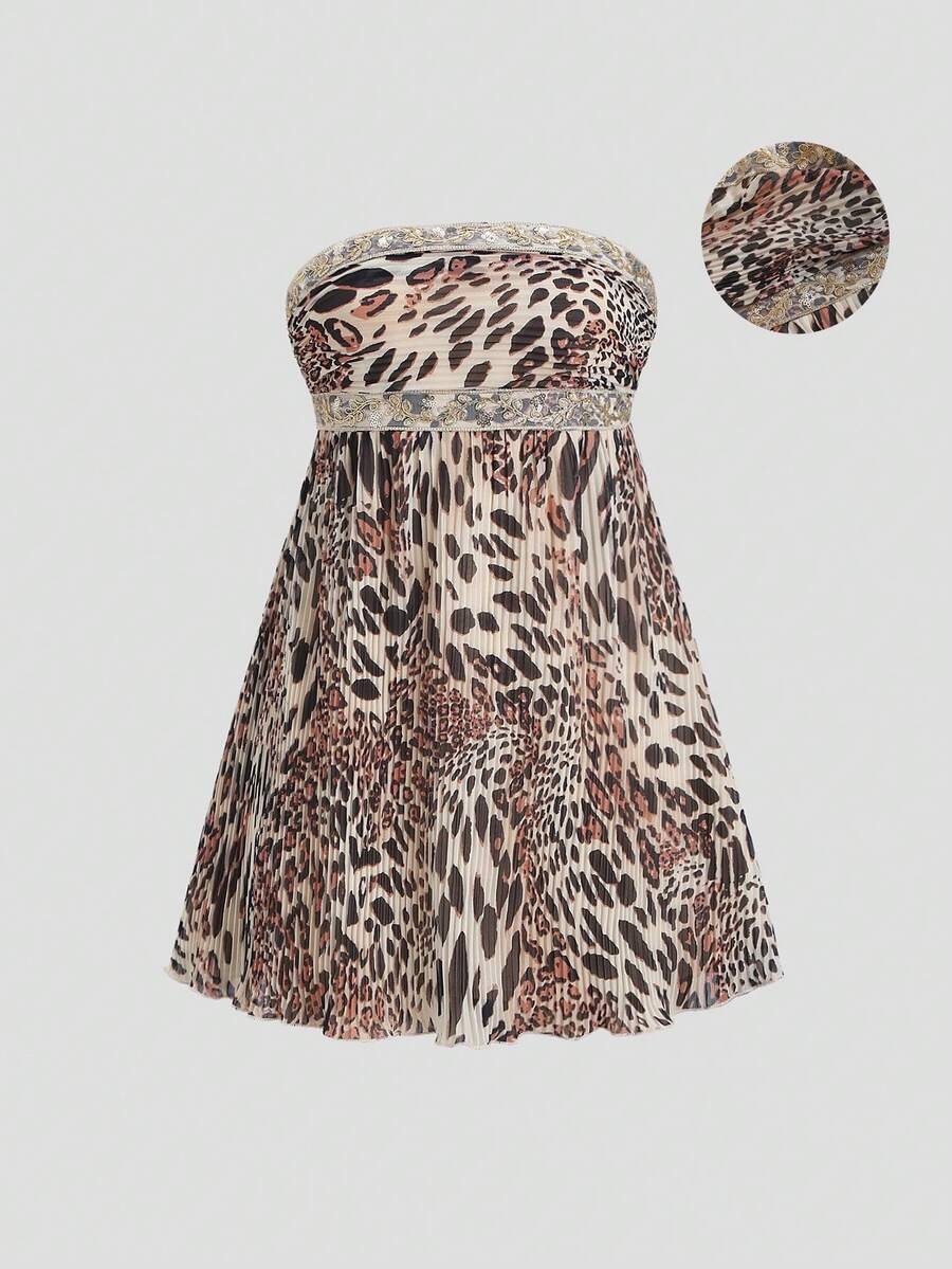SHEIN Unity Women's Vintage Casual Daily Versatile Fashion Leopard Print Pleated Patchwork Sequin Ribbon Decor Tube Top Mini Dress, Spring/Summer - Multicolor - View 1