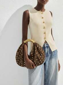 Maija 女士手提包，麂皮材质，复古铆钉设计，金色金属手柄，时尚优雅，简约百搭，可定制，经典百搭，适合通勤、办公、约会、日常、购物、下午茶等场合。 - 咖啡 - 查看 1