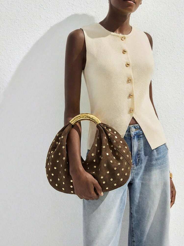 SHEIN Maija Ladies, Women Top Handle Bags, Suede, Suede Bag, Retro, Rivets, Vintage, Gold Metal Handle, Fashionable, Elegant , Simple, Personalized, Versatile, Classic, For Commute, Office, Date, Daily, Shopping, Afternoon Tea