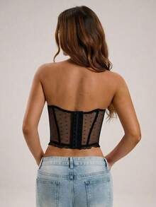 SHEIN BAE 女士性感透视蕾丝抹胸上衣，夏季 - 黑色 - 查看 2