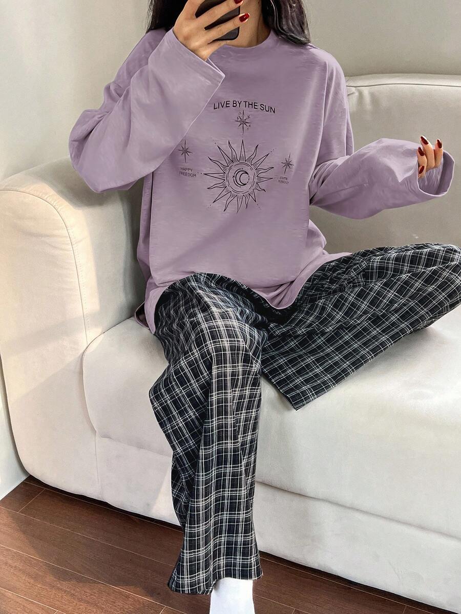 DAZY Women's Loose Comfortable Plaid Print Long Sleeve Top And Pants 2 Pieces Pajama Set, Autumn - Mauve Purple - View 1