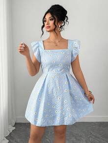 Elenzga 大码女装夏季清新雏菊印花方领泡泡袖A字连衣裙，复古甜美蓝条纹雏菊印花泡泡袖连衣裙，时尚方领短袖碎花连衣裙，适合夏季日常穿着、购物或与朋友聚会 - 藍色 - 查看 3