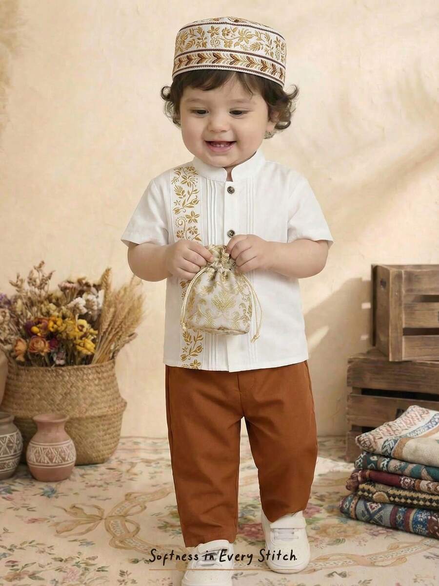 Cozy Pixies Bộ 2 món cho bé trai: áo cardigan tay ngắn họa tiết truyền thống và quần cạp chun. - Nhiều màu - Xem 1