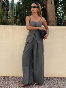 DAZY Women's Casual Denim Camisole Top And Wide Leg Pleated Straight Pants Set - Grey - View 4
