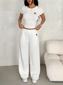 SHEIN PETITE 2pcs/Set Women Embroidery Knit Fitted Home Outfit, Summer White - White - View 9