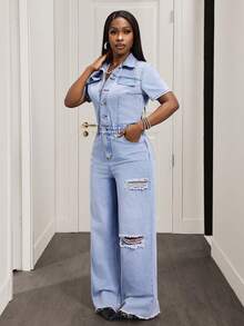 Slaydiva Women's Casual Everyday Commute Fashion Ripped Waist Denim Jumpsuit, Spring/Summer/Autumn - Blue - View 3