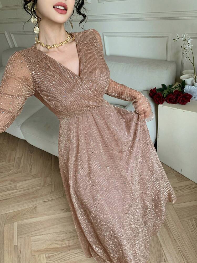 Women's Elegant Sequin V-Neck Long Dress, Spring/Summer Wedding Guest Dress Sparkly Dress Sundress
