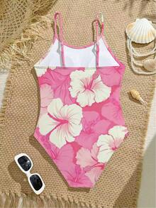 SHEIN 少女碎花连体泳衣，夏季海滩度假 - 粉色 - 查看 2