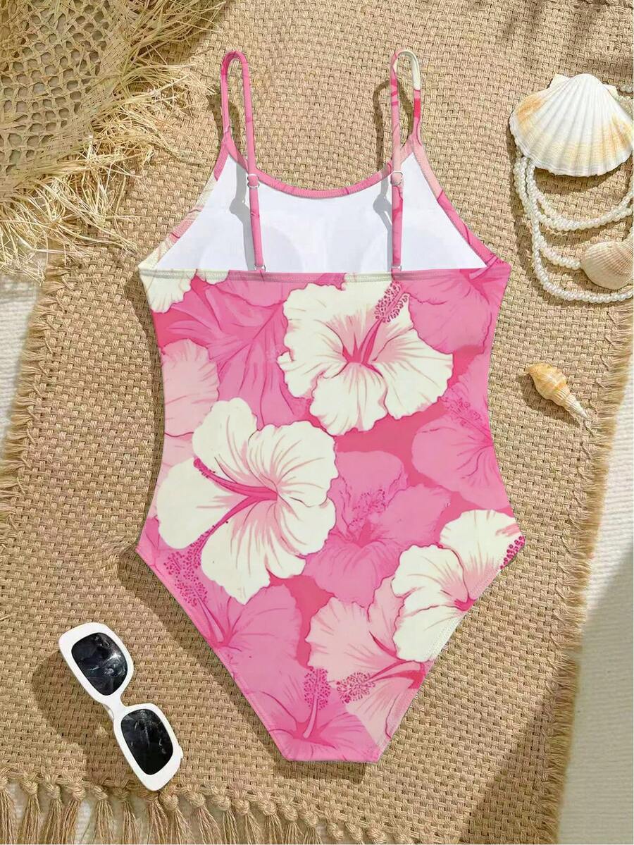 SHEIN 少女碎花连体泳衣,夏季海滩度假 - 粉色 - 查看 1