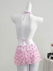 Elamini 3pcs Women's Floral & Striped Print Bikini Set With White Lace Trim, Paired With High Waist Ruffle Swimsuit, Summer