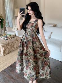 DAZY Women's Elegant Floral Print Sleeveless Dress With Square Neckline, Summer - Apricot - View 1