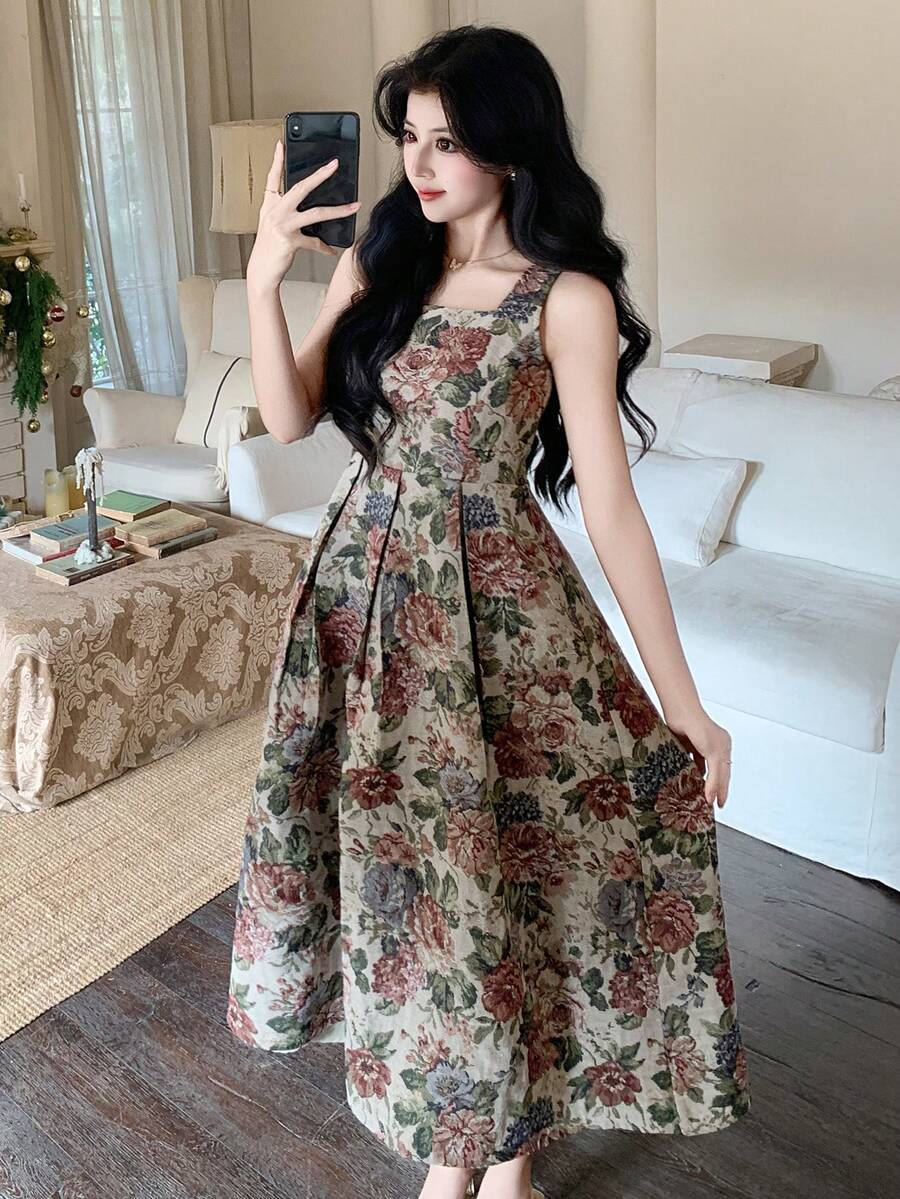 DAZY Women's Elegant Floral Print Sleeveless Dress With Square Neckline, Summer - Apricot - View 1