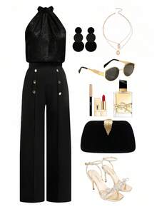 Ellevyn 大码金色吊带露背上衣，金属系带，无袖衬衫上衣搭配金属扣长裤两件套，休闲派对装。 - 黑色 - 查看 3