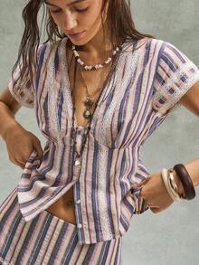 Bohemela 休闲条纹短袖V领修身女式衬衫 - 彩色 - 查看 5