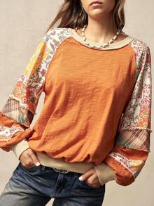 Bohemela Áo sweatshirt dài tay cổ tròn dáng rộng, phối họa tiết chắp vá, thích hợp cho nữ, phù hợp cho Ngày Valentine, lễ hội âm nhạc, phong cách đồng quê cổ điển. - trái cam - Xem 8