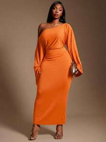 Radiana 大码女士性感优雅不对称领口收腰连衣裙，适合都市度假 - 亮橙色 - 查看 1