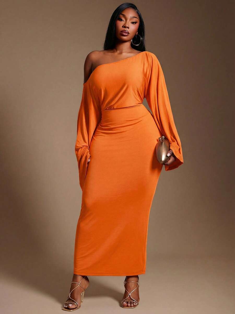 Radiana 大码女士性感优雅不对称领口收腰连衣裙，适合都市度假 - 亮橙色 - 查看 1