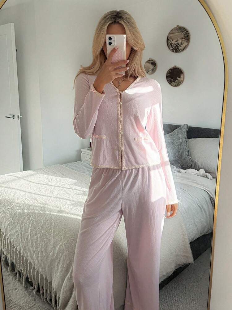 Comfortable Jacquard Knit Lace Trim Women Pajama Set
