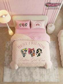 THE POWERPUFF GIRLS X Joivida 3件套粉色棋盘格卡通图案床上用品套装，乡村风格，适用于单人床/双人床/大床/特大床，宿舍/家居礼品之选 - 粉色 - 查看 2