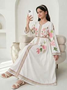 1pc Girls' Elegant Modest White And Pink Dress With Middle Eastern Details - White - View 7