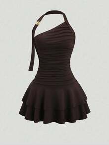 SHEIN Girlism Tween Girls Party Wear New Spiral Gold Decor Design Waist Cinching Flared Skirt Mini Dress, Party Mini Dress, Back To School Party Dress Strap Party Dress Cute Dress Brown Dress Ruched Dress Teen Girl Dress One Shoulder Dress - Coffee - View 7