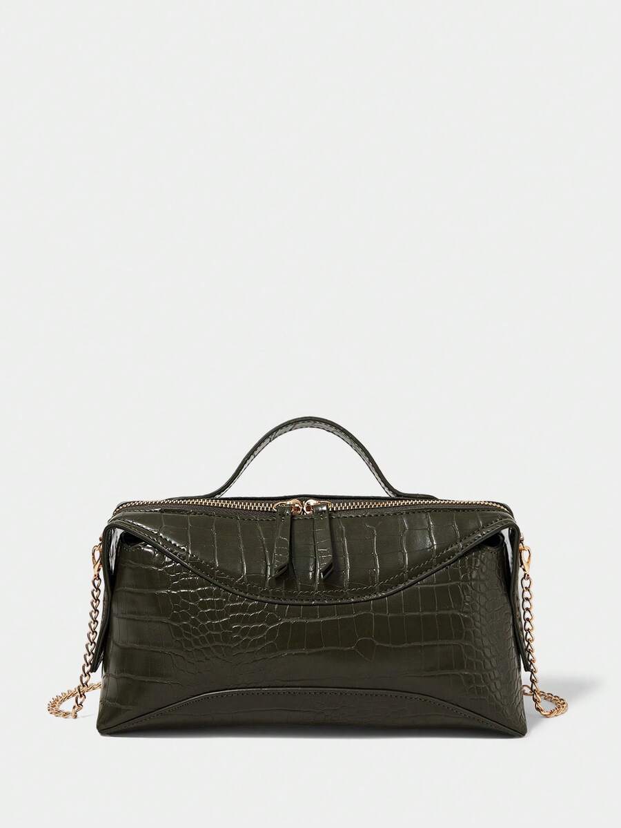 SHECARRY 女士橄榄绿鳄鱼纹压花PU包 - 橄欖綠 - 查看 1