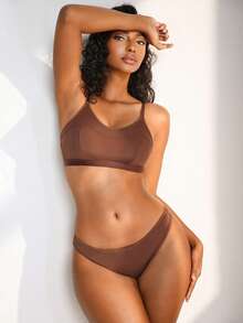 2pcs Minimalist Comfortable Solid Color Lingerie Set - Brown - View 4