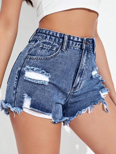 Rivivi Solid Color Distressed Frayed Edge Slant Pocket Fashionable Skinny Denim Shorts