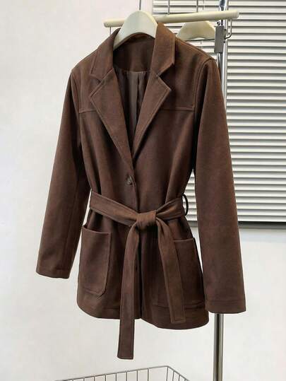 Aveloria Affinna Women's Autumn/Winter New Faux Suede Mid-Length Solid Color Elegant Belted Coat